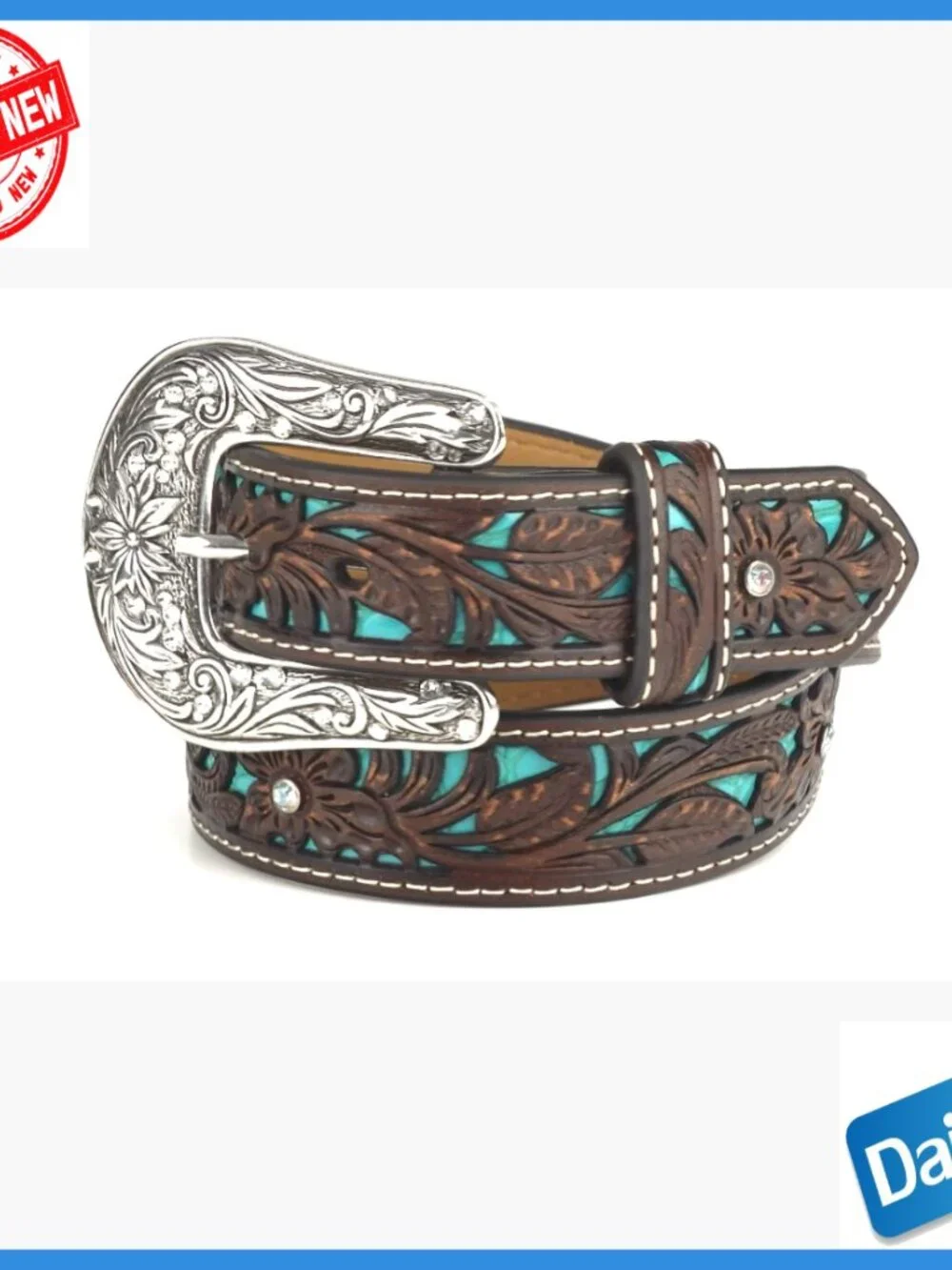 Youth Leather Belt with Floral Tooling and Turquoise Inlay, Adjustable Fit